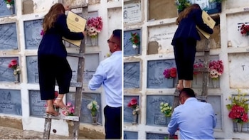 La graduada dedicó el mensaje “Papá, lo logramos” a su progenitor frente al sepulcro - crédito Captura video