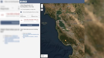 Captura de pantalla del sitio web del USGS mostrando un mapa satelital de California con un terremoto de magnitud 4.6 cerca de Boulder Creek