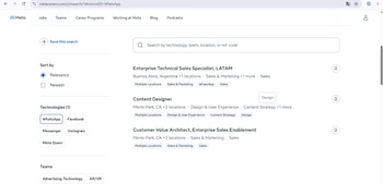 Sitio web de Meta Careers con barra de búsqueda, filtros por tecnología WhatsApp y por relevancia, y listado de tres ofertas de empleo con ubicaciones