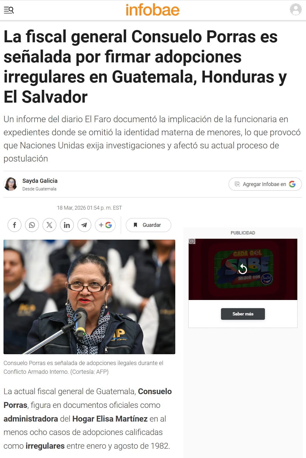Conocido es que en las investigaciones por adopciones irregulares en Guatemala aparece la posible participación de la exfiscal general, Consuelo Porras.