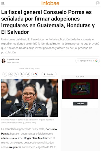 Conocido es que en las investigaciones por adopciones irregulares en Guatemala aparece la posible participación de la exfiscal general, Consuelo Porras.