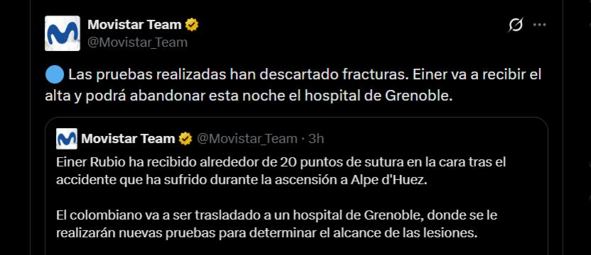 Einer Rubio salió bien en los exámenes médicos en su rostro y volverá a la concentración de su equipo en Francia - crédito @Movistar_Team/X