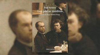 Portada del libro 'Los poetas malditos' de Paul Verlaine, con una pintura de dos hombres en el centro y un fondo difuminado que extiende los motivos de la obra.