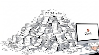 Una mesa con una gigantesca pila de recibos y facturas, con un cartel que dice 'USD 500 million'. A la derecha, una pantalla de computadora muestra el logo de Claude y manos teclean.
