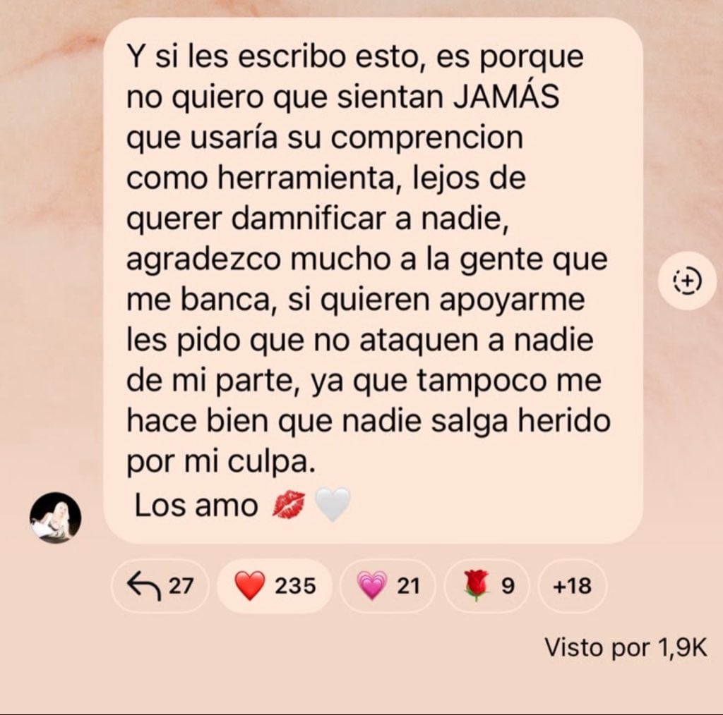 “Si quieren apoyarme les pido que no ataquen a nadie de mi parte, ya que tampoco me hace bien que nadie salga herido por mi culpa”, concluyó la intérprete de