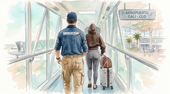 Ilustración en acuarela de un oficial y una mujer con maleta que caminan por una manga de abordaje hacia un avión en un aeropuerto.