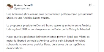 El presidente Gustavo Petro reaccionó a declaraciones de Marco Rubio, secretario de Estado de Estados Unidos, en relación con el respaldo de algunos países del hemisferio occidental hacia Estados Unidos - crédito @petrogustavo/X