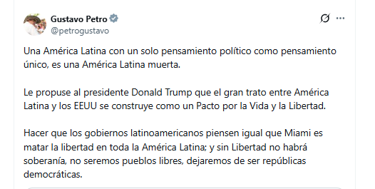 El presidente Gustavo Petro reaccionó a declaraciones de Marco Rubio, secretario de Estado de Estados Unidos, en relación con el respaldo de algunos países del hemisferio occidental hacia Estados Unidos - crédito @petrogustavo/X