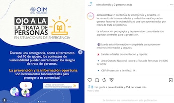 La desinformación y el incremento de las necesidades durante una emergencia pueden ser aprovechados por redes de trata, por lo que la organización recomienda fortalecer la prevención y la información comunitaria - crédito @oimcolombia/Instagram