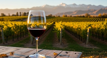 Copa de vino tinto Malbec sobre mesa de madera rústica, con viñedos dorados al atardecer y montañas nevadas en el fondo. Hojas secas dispersas.