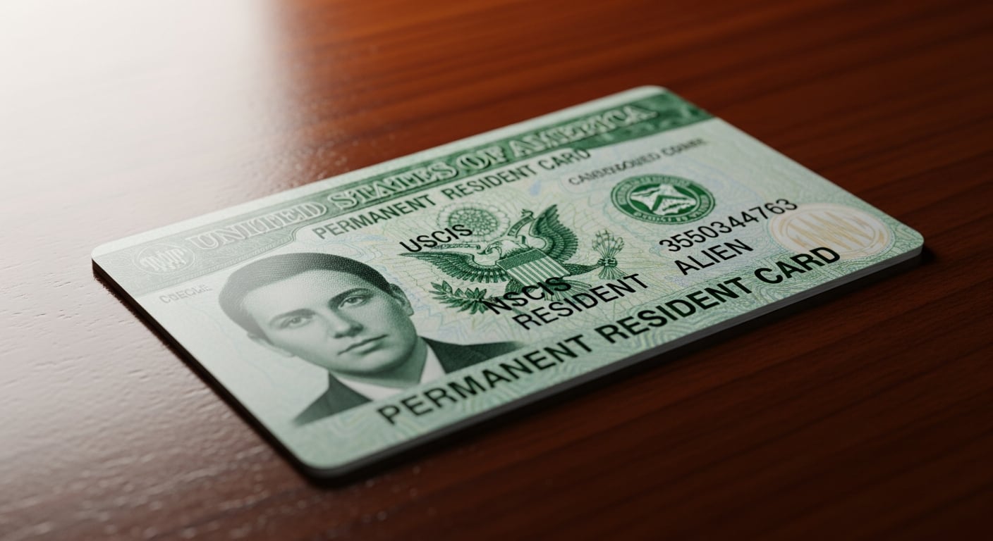 Una Tarjeta de Residente Permanente de Estados Unidos, comúnmente conocida como Tarjeta Verde, se muestra en primer plano sobre una superficie de madera, destacando su importancia para el estatus legal. (Imagen Ilustrativa Infobae)