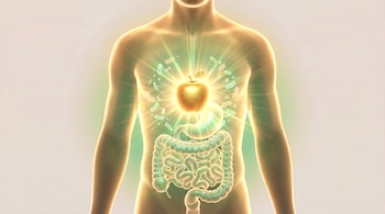 Ilustración digital de un torso humano que muestra el estómago, los intestinos, una manzana brillante en el centro y microorganismos alrededor.