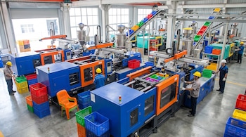 Interior de fábrica con máquinas de moldeo, cintas transportadoras, operarios con cascos, cajas plásticas rojas, azules, verdes y amarillas, tolvas con gránulos.