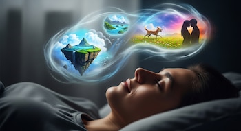 Vista lateral de una persona dormida. De su cabeza emergen imágenes oníricas: islas flotantes, un mar, un perro corriendo y una pareja silueteada.