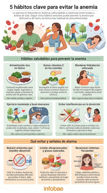 Infografía con ilustraciones de personas comiendo, bebiendo, haciendo ejercicio y durmiendo, junto a alimentos y símbolos de hábitos para prevenir la anemia.