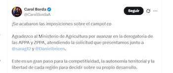 La congresista Carol Borda celebró la publicación del proyecto de resolución que busca derogar cinco resoluciones que declaran las Appa en cinco municipios - crédito @CarolBordaA/X