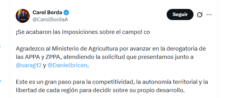 La congresista Carol Borda celebró la publicación del proyecto de resolución que busca derogar cinco resoluciones que declaran las Appa en cinco municipios - crédito @CarolBordaA/X