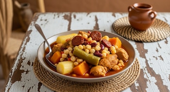 Plato hondo con cuchara, guiso de maíz, frijoles, chorizo, trozos de carne y verduras. Mantel individual de mimbre sobre mesa de madera rústica. Cuenco de barro al fondo.