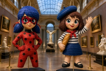 Dos piñatas suspendidas en una sala de museo con cuadros y esculturas, una roja con manchas negras y otra con boina y baguette.