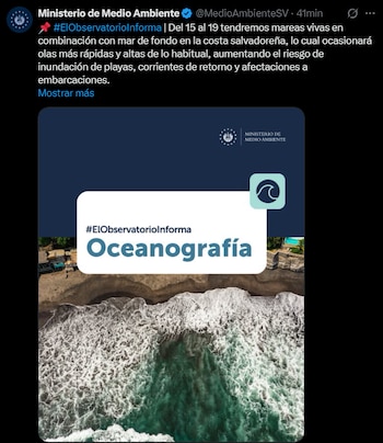 El litoral salvadoreño bajo advertencia por condiciones oceanográficas que pueden afectar tanto a bañistas como a embarcaciones, según el Ministerio de Medio Ambiente.
