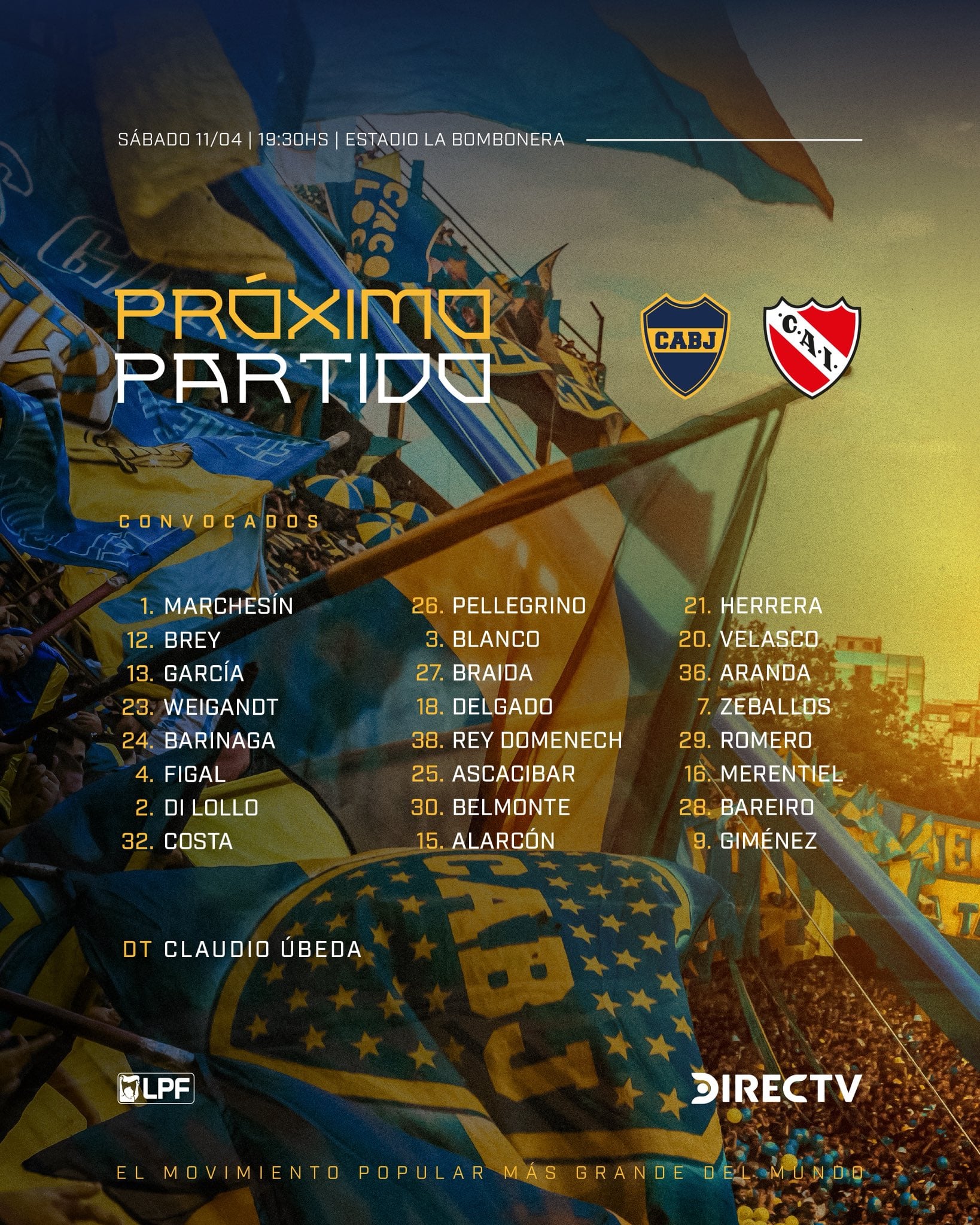 La lista de Úbeda para el clásico frente a Independiente (@BocaJrsOficial)