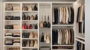 Un armario blanco grande y bien iluminado muestra varias estanterías con bolsos de diseñador, suéteres doblados, zapatos y prendas de vestir colgadas en perchas.