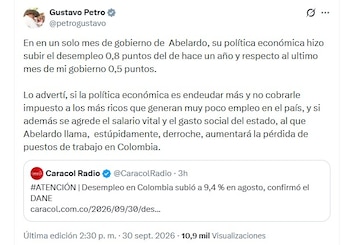 El expresidente Gustavo Petro reaccionó al aumento de la tasa de interés con cuestionamientos a la política económica del Gobierno de Abelardo de la Espriella - crédito @petrogustavo/X