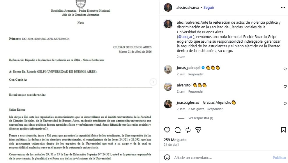 Un documento oficial emitido por el Poder Ejecutivo Nacional repudia la violencia política y discriminación en la Facultad de Ciencias Sociales de la UBA, exigiendo al Rector Ricardo Gelpi garantizar la seguridad y libertad de los estudiantes. (@aleciroalvarez)