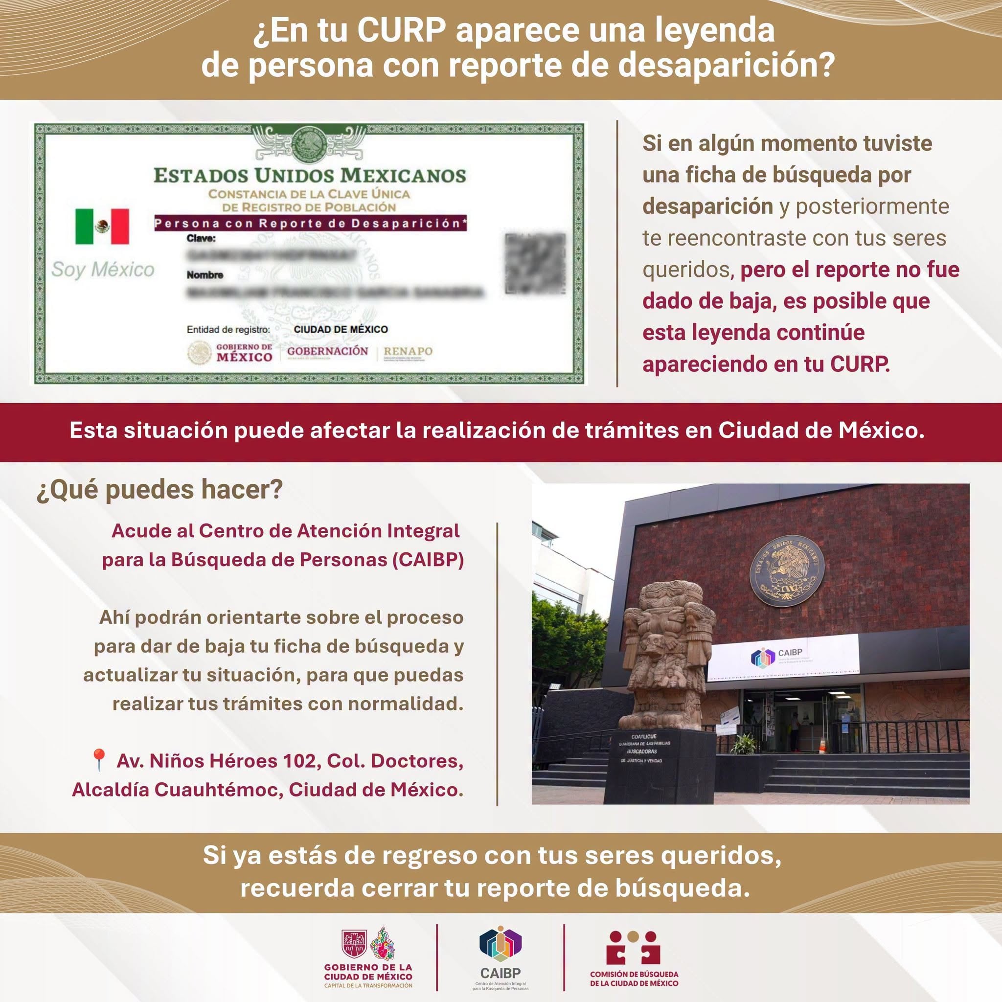La Comisión de Búsqueda de Personas de la Ciudad de México llama a actualizar la CURP a quienes reaparecieron y mantienen activo un reporte de desaparición. (Comisión de Búsqueda de Personas CDMX)