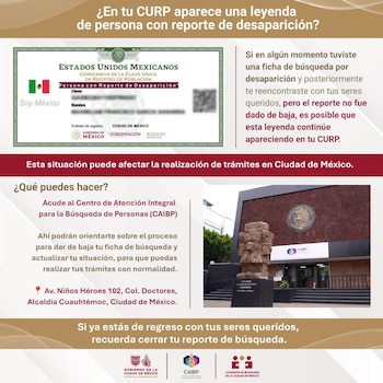 Infografía sobre la CURP con la imagen de una constancia de registro, textos informativos y la fachada del edificio del organismo de búsqueda