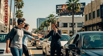 En una calle de Los Ángeles, una persona con auriculares ignora un saludo, otra mujer grita por teléfono y conductores esperan en sus coches con expresiones serias.