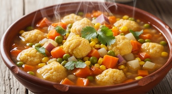 Primer plano de una sopa Borí-borí de vegetales humeante en un cuenco marrón. Contiene bolitas de masa, zanahorias, guisantes, maíz y cubos de papa.