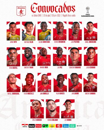 Este es el grupo de jugadores que tendrá Diego Gabriel Raimondi para el partido de Copa Sudamericana ante Bahía - crédito Jefatura de Prensa del América de Cali