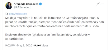 El ministro del Interior, Armando Benedetti, expresó su pesar por la muerte de Germán Vargas Lleras, manifestando que la noticia le generó una "profunda tristeza" - crédito @AABenedetti/X