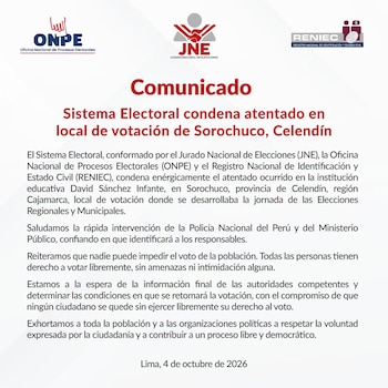 Comunicado impreso del Sistema Electoral con los logotipos de la ONPE, el JNE y el Reniec en la parte superior y texto en rojo y negro