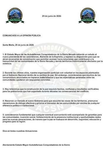 Las Acsn expresaron su disposición a mantener conversaciones y aseguraron que buscan escenarios que contribuyan a la estabilidad en la Sierra Nevada y el Caribe - crédito @ACSN_oficial/X