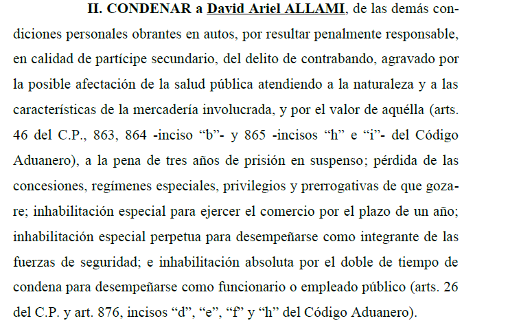 La condena por contrabando a Allami: tres años en suspenso
