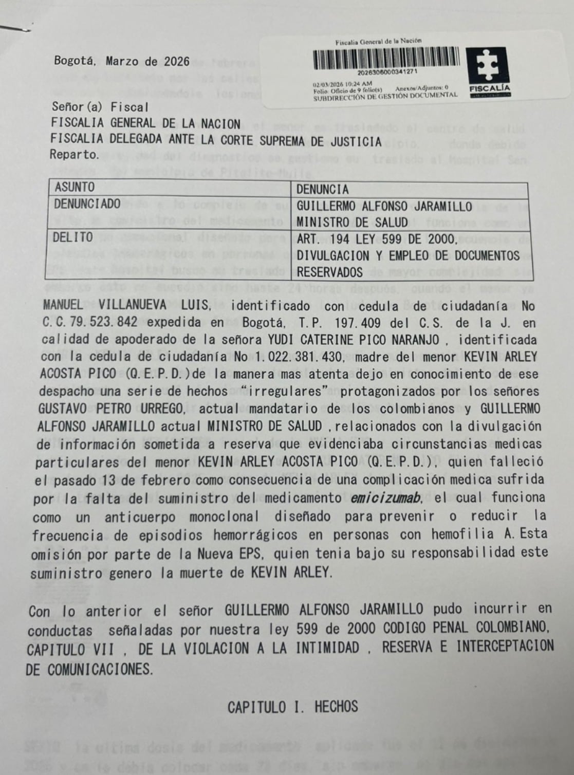 Esta es la denuncia ante la Fiscalía del ministro de Salud, Guillermo Alfonso Jaramillo, en el caso de la muerte de Kevin Acosta - crédito suministrada a Infobae Colombia