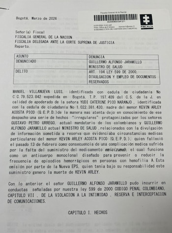 Denuncia ante la Fiscalía al ministro de Salud, Guillermo Alfonso Jaramillo
