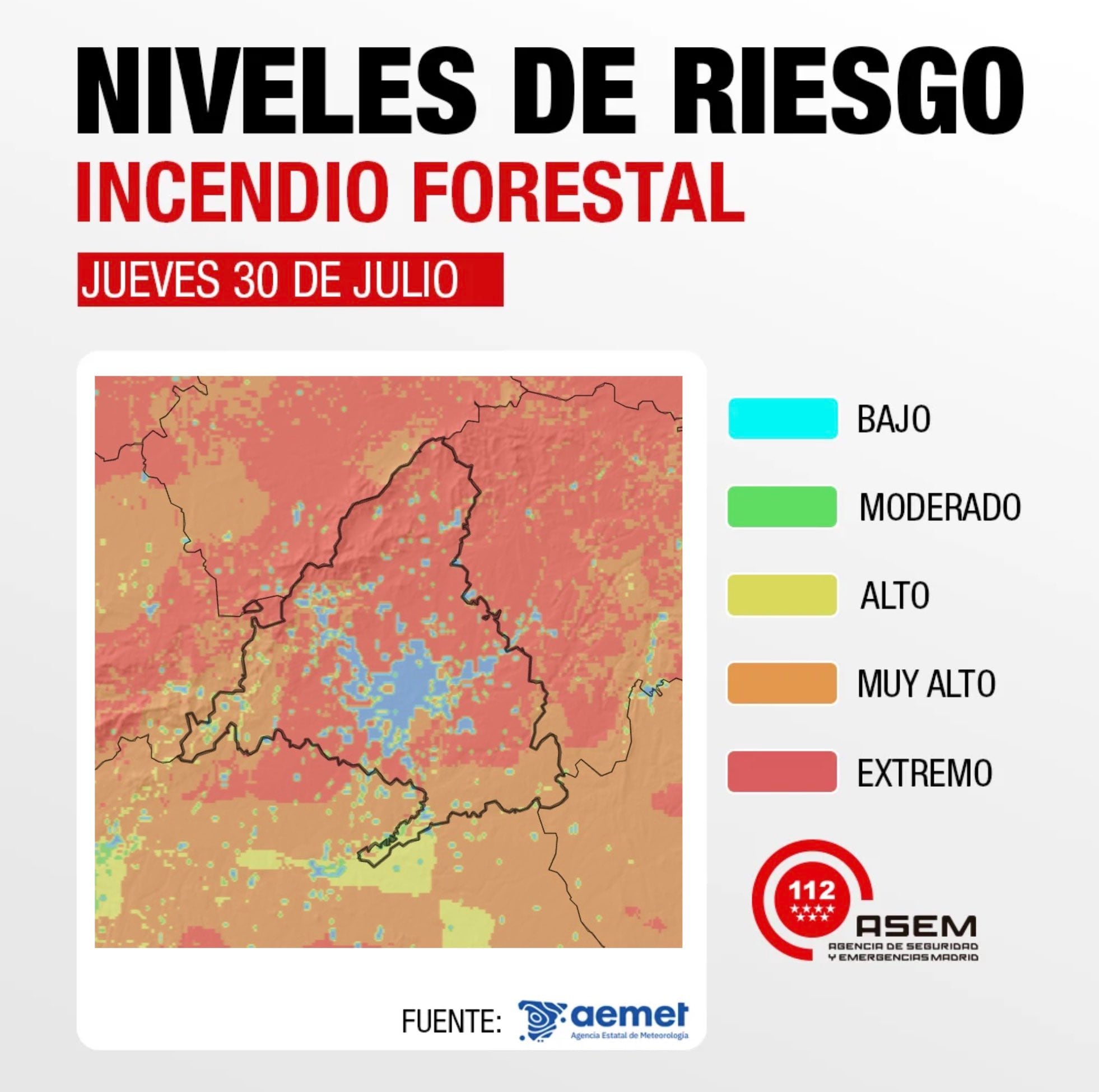 Riesgo de incendios en la Comunidad de Madrid este jueves 30 de julio. (112 Comunidad de Madrid)