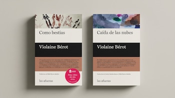 Dos libros de tapa dura de Violaine Bérot: 'Como bestias' con ilustraciones de figuras, y 'Caída de las nubes' con formas abstractas de acuarela.