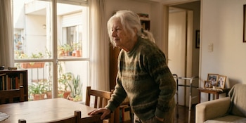 Una anciana de cabello blanco y suéter de lana verde oscuro está de pie junto a una mesa de madera, mirando hacia una ventana grande con plantas exteriores