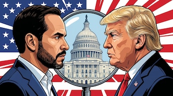 Ilustración de Abelardo de la Espriella y Donald Trump frente a frente, de perfil. Al centro, el Capitolio de EE UU se ve a través de una lupa. Fondo con bandera estadounidense.