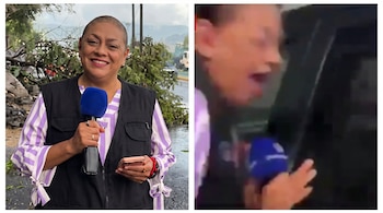 Dos imágenes compuestas de una reportera con chaleco negro y blusa a rayas que sostiene un micrófono azul en la vía pública.