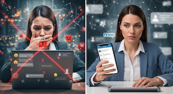 Mujer en dos escenas. Izquierda: se cubre la boca con un candado rojo, frente a una laptop con emojis y burbujas de chat. Derecha: sostiene un teléfono móvil y un teclado.