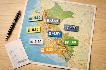 Un mapa de Perú sobre una mesa de madera, con varias etiquetas de precios de combustible. Un bolígrafo y un recibo están a un costado.