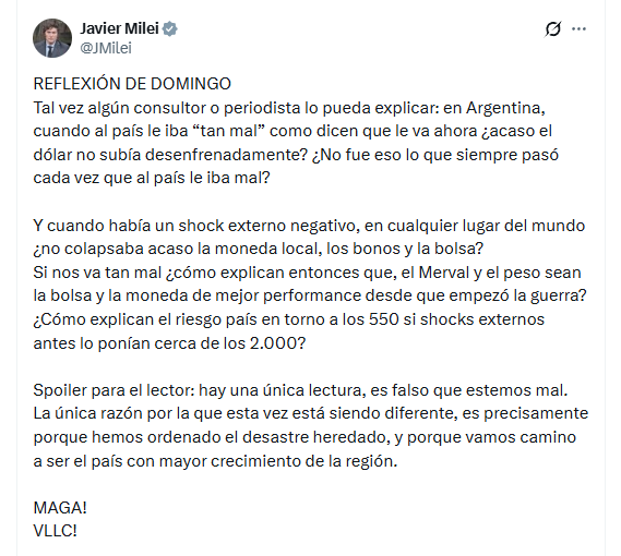 Reflexión de domingo: posteo de X de Javier Mile