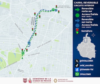 Autoridades capitalinas recuerdan modo reversible en Circuito Interior. (X/@OVIALCDMX)