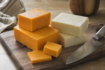 Bloques de queso anaranjado y blanco junto a trozos pequeños y un cuchillo sobre una tabla de madera.