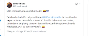 El congresista Eduar Triana celebró la decisión del Gobierno de volver a exportar carbón a Israel - crédito @EduarTrianaR/X